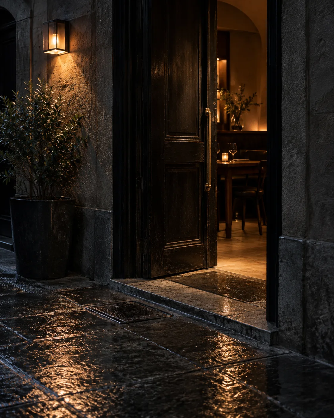 Open restaurant threshold at night with warm light beyond