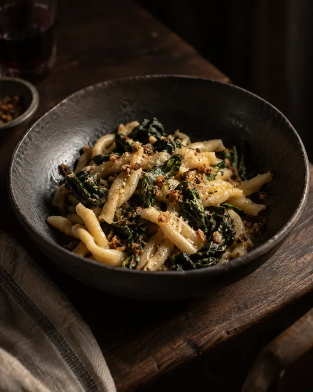 Ciamarella pasta course in a dark ceramic bowl