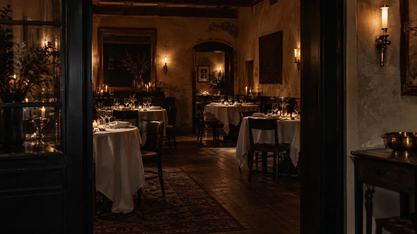Ciamarella dining room seen through a dark threshold