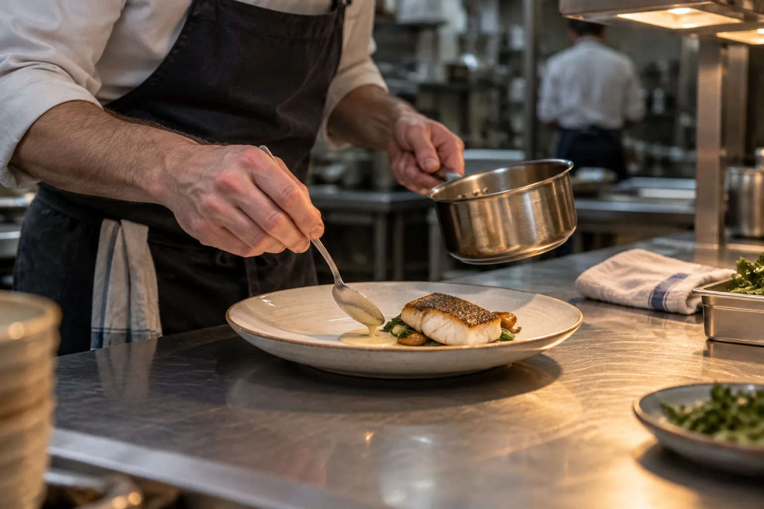Chef finishing a plate at a working restaurant pass