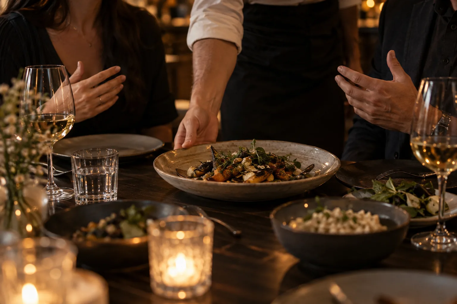 Server placing a shared dish between guests during evening service