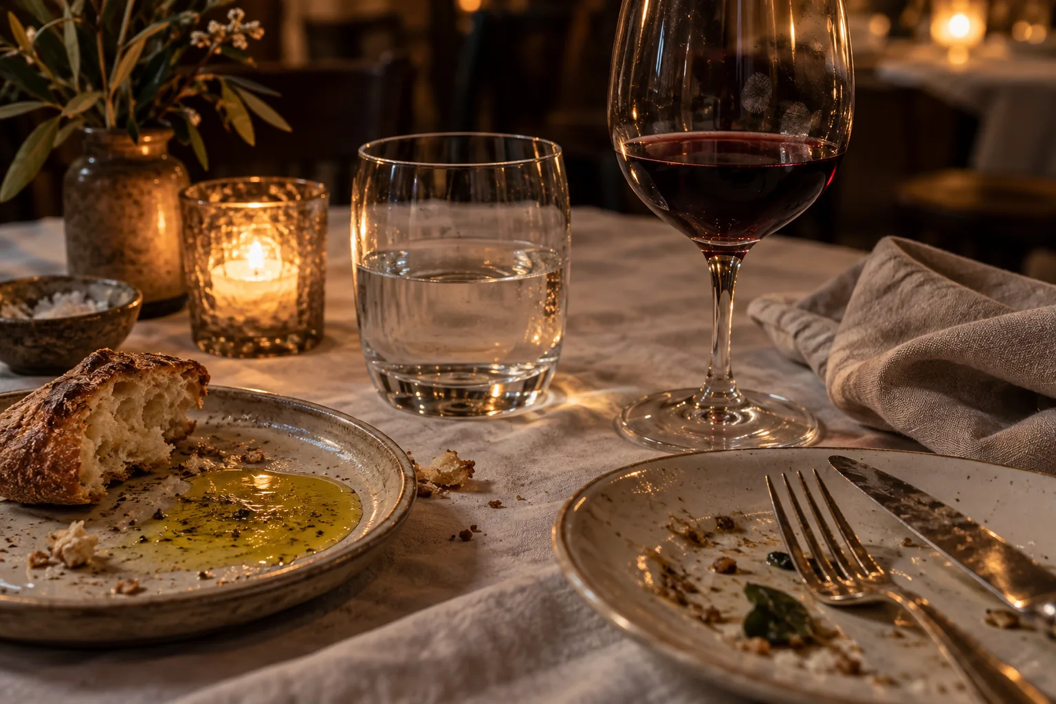 Used evening table with bread, olive oil, linen, and glassware