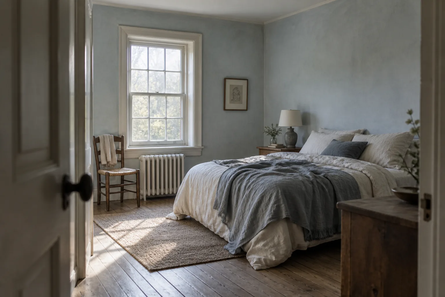 Pale blue-grey bedroom lit by clear morning light