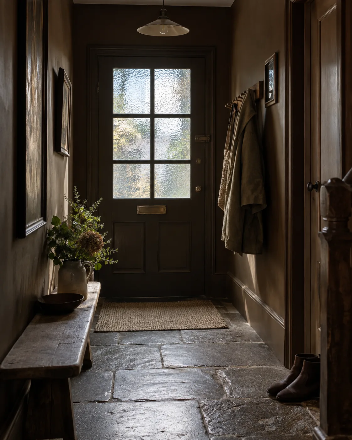 Deep umber entry hall with textured-glass daylight