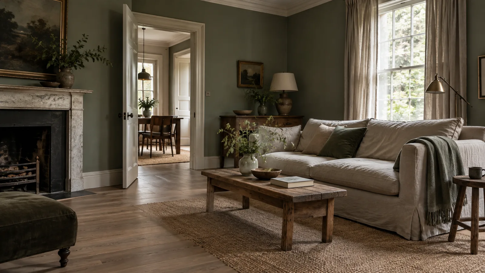 Lived-in sitting room with mineral green walls and soft natural daylight