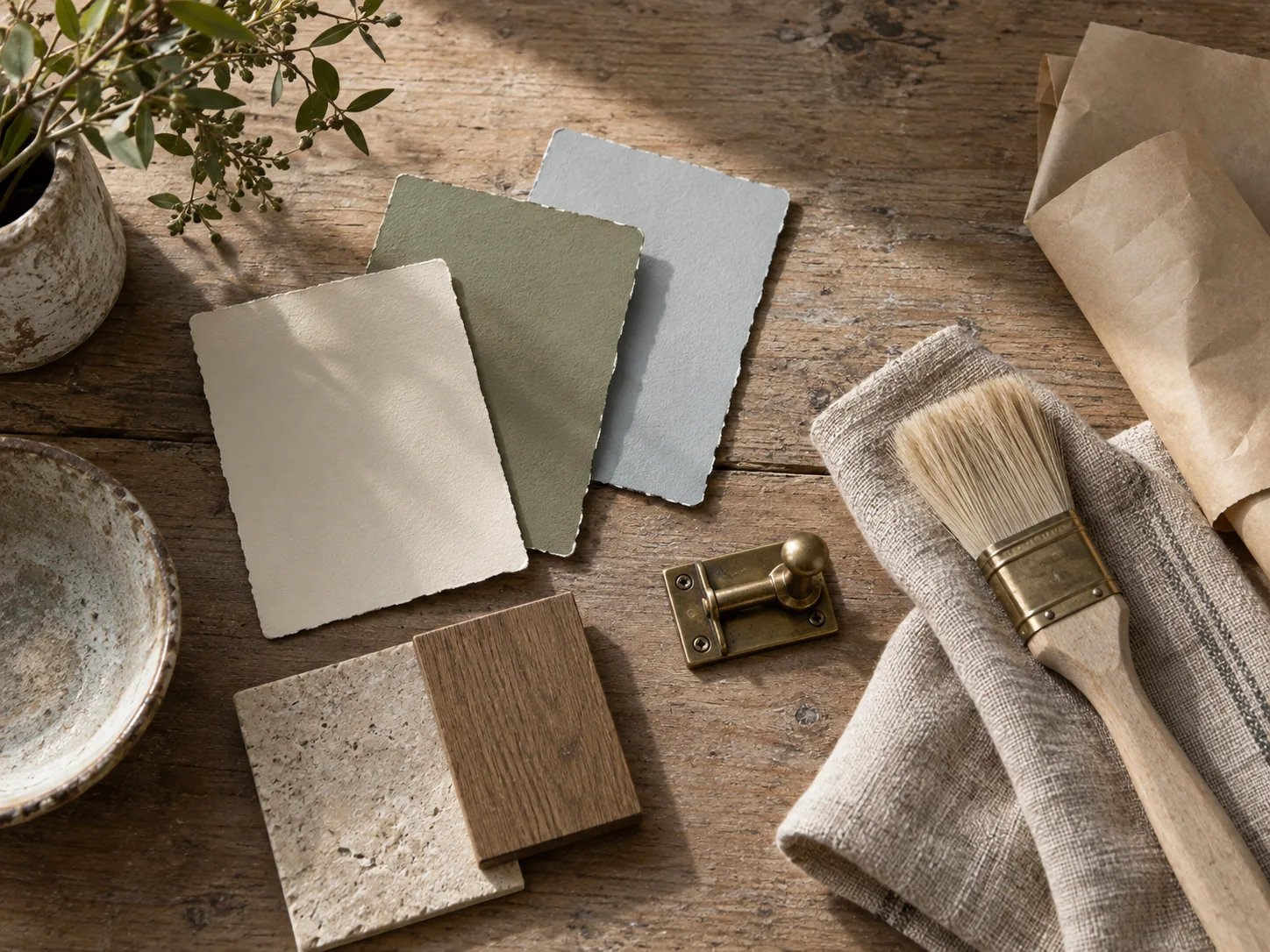 Paint cards, timber, stone, linen, brush, and brass consultation materials
