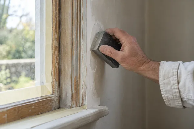 Painter preparing plaster beside a timber window