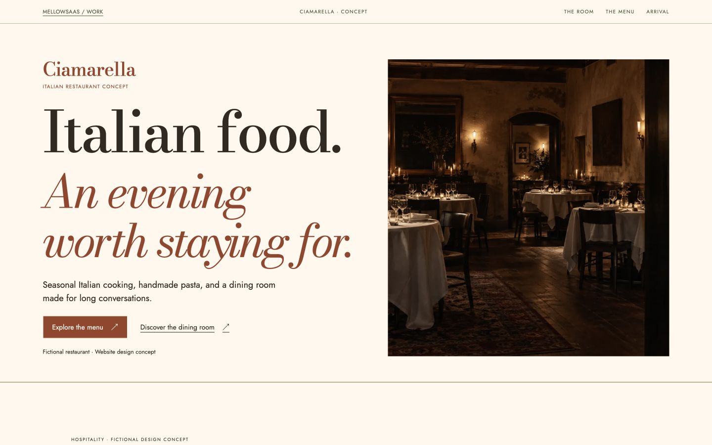 Ciamarella desktop website with Italian food headline, ivory and terracotta palette, and menu action