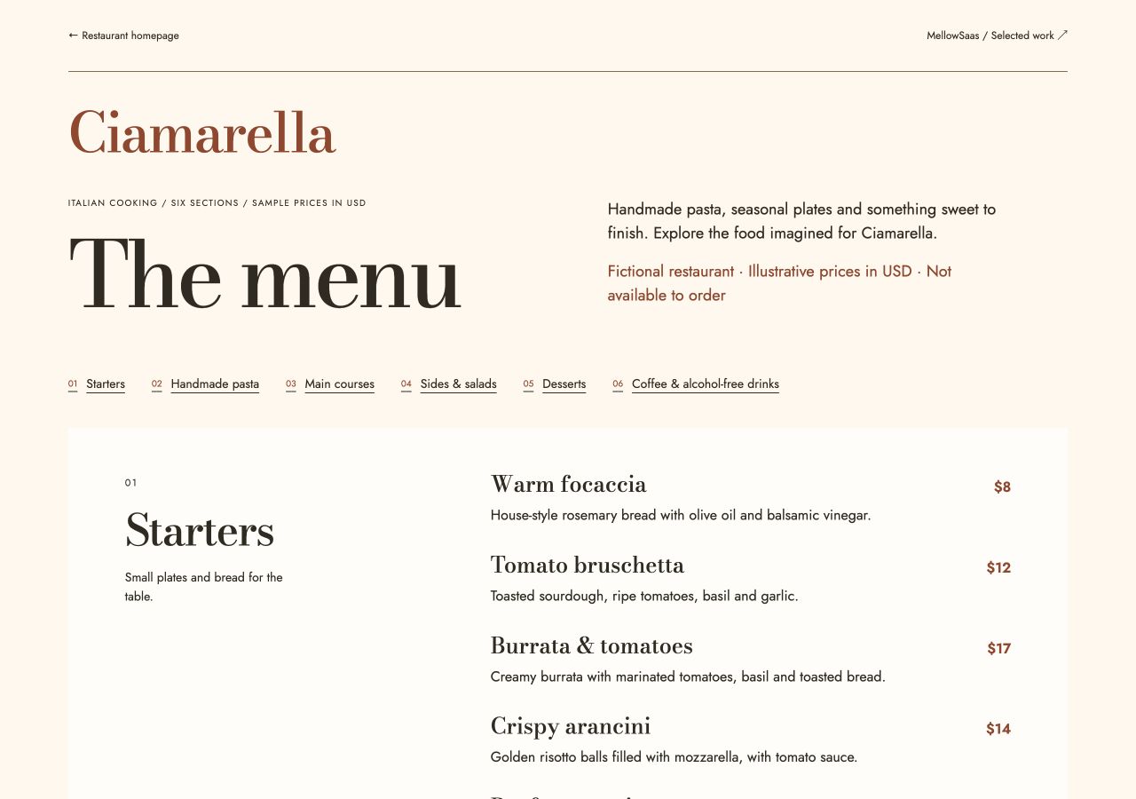 Actual Ciamarella menu page with category navigation and readable starter dishes