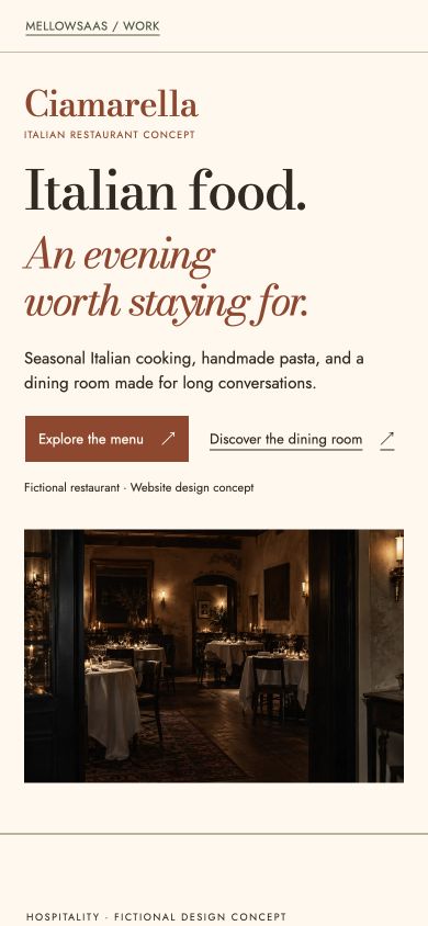 Ciamarella mobile website with clear restaurant introduction and menu link