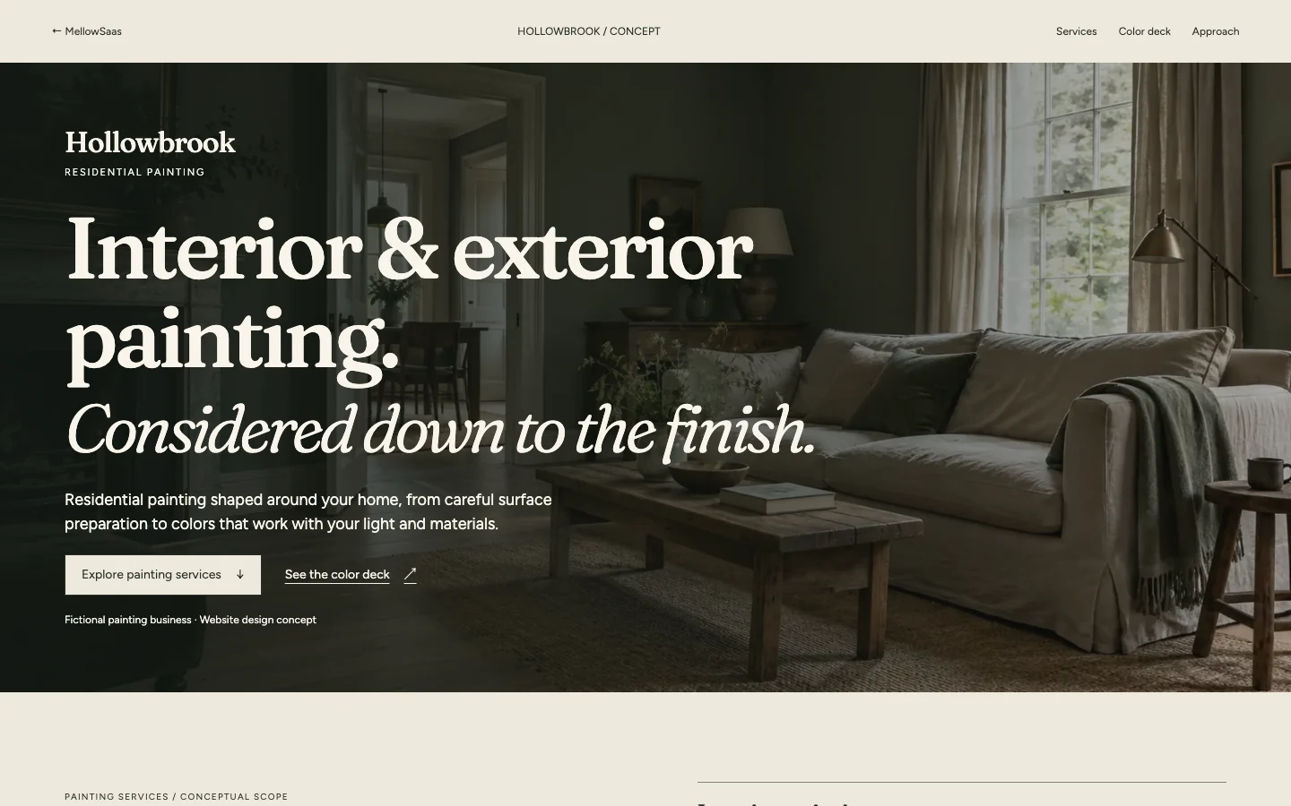 Actual Hollowbrook website: interior and exterior painting headline, service action and color-deck navigation