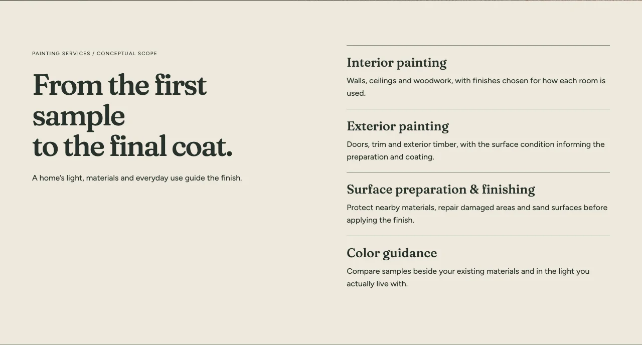 Actual Hollowbrook service section explaining interior painting, exterior painting, preparation and color guidance